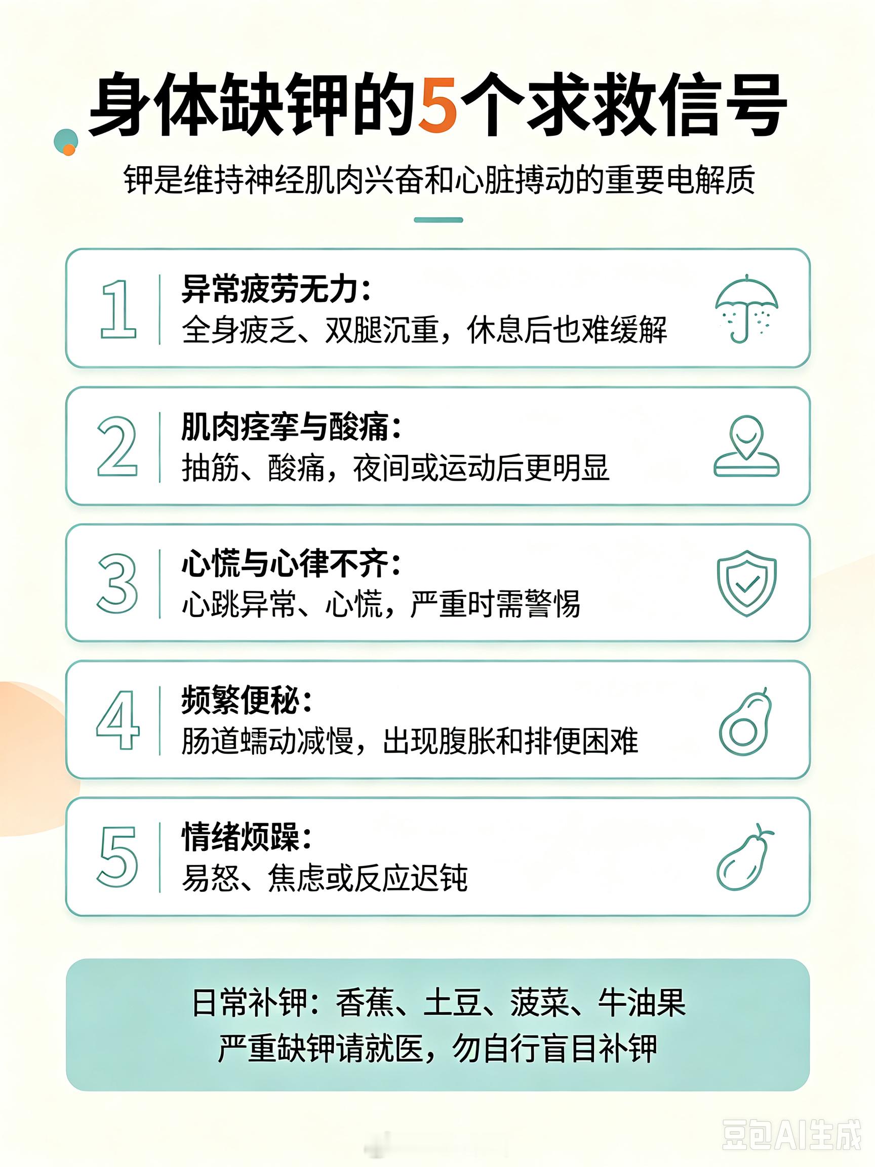 身体缺钾的五个信号钾是人体维持神经肌肉兴奋和心脏搏动的重要电解质。当身体缺钾时，