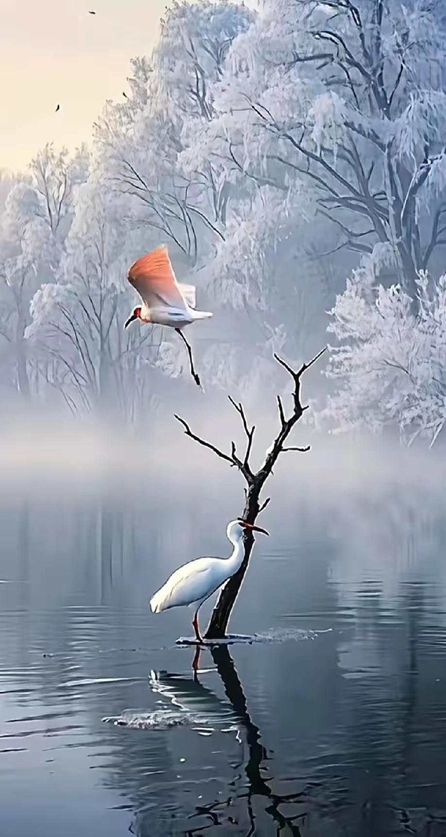 冬日仙境，白鹭翩翩起舞，静谧湖面倒映着雪白身影。