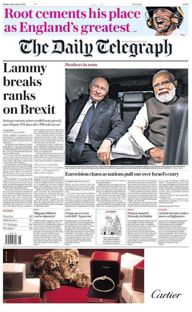 《每日电讯报》报道称，英国副首相大卫·拉米与首相斯塔默意见不一，他表示加入欧盟关