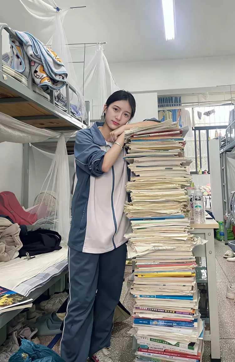 一网友发图说，她女儿高三的学习资料，垒起来比人还高。离今年高考就几个月了，现在