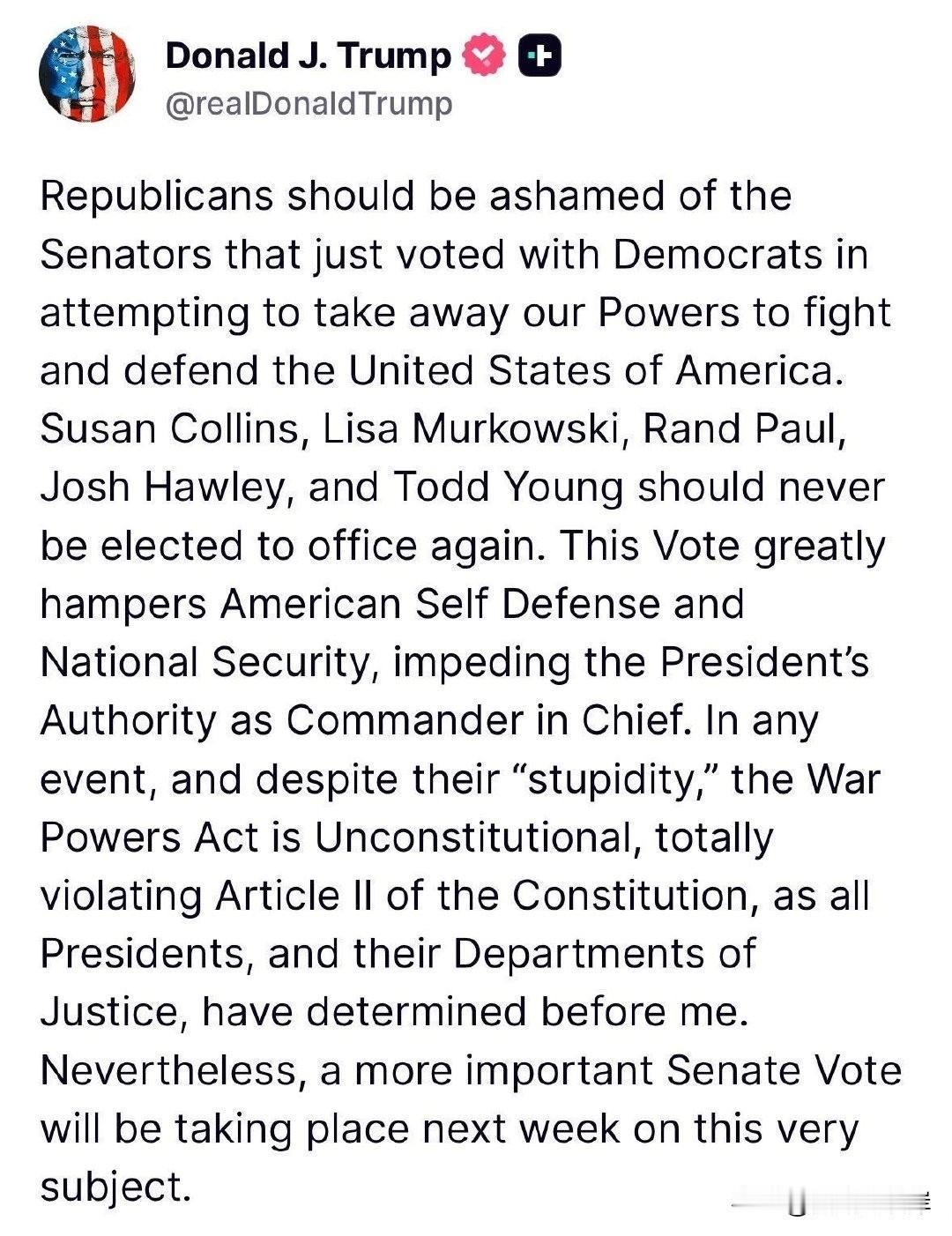川普发文批评支持《战争权力法案》的共和党人，他将否决该法案。“共和党人应该为刚
