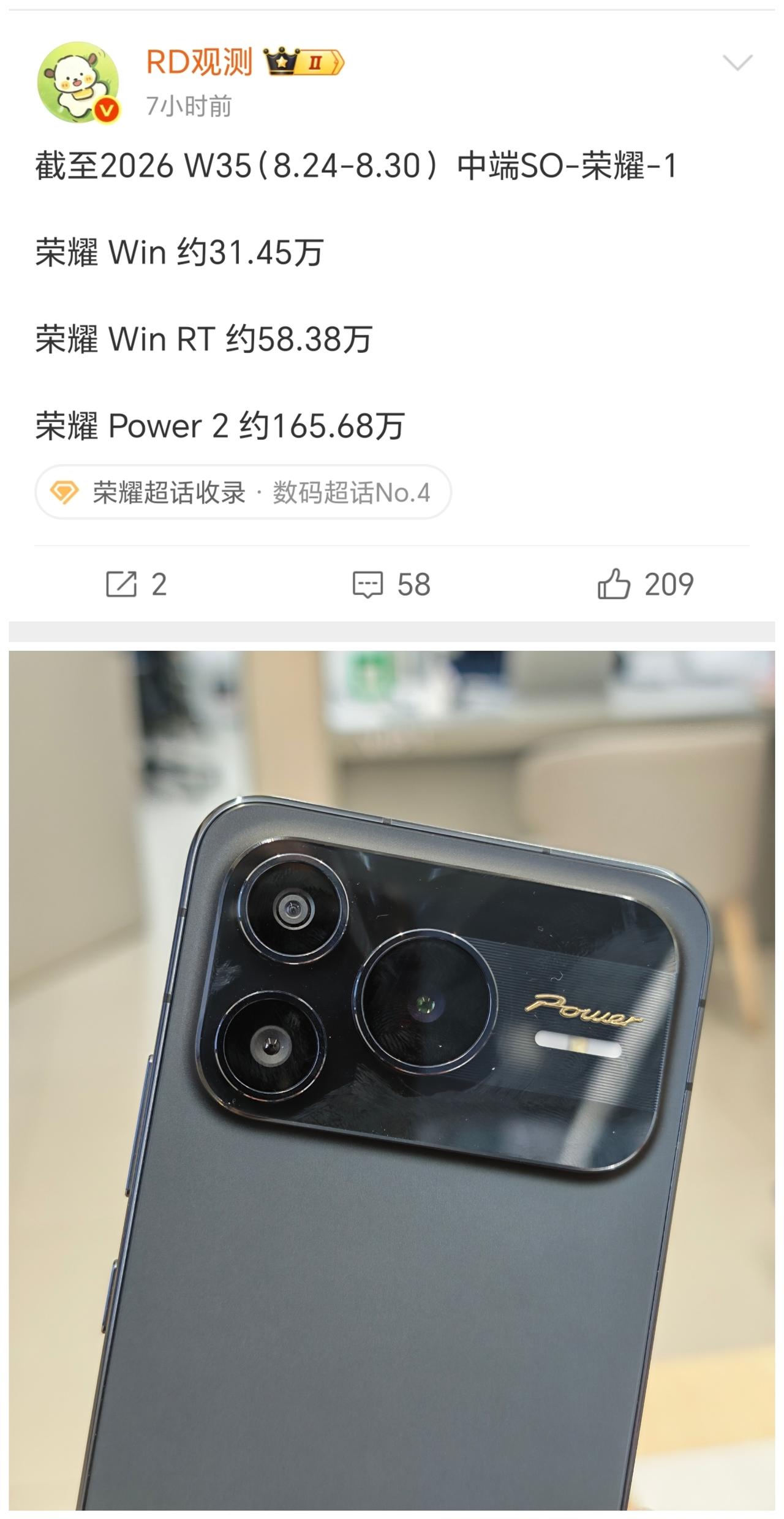 荣耀中端机增速明显放缓了。荣耀Win系列90万台左右，荣耀Power2系列16