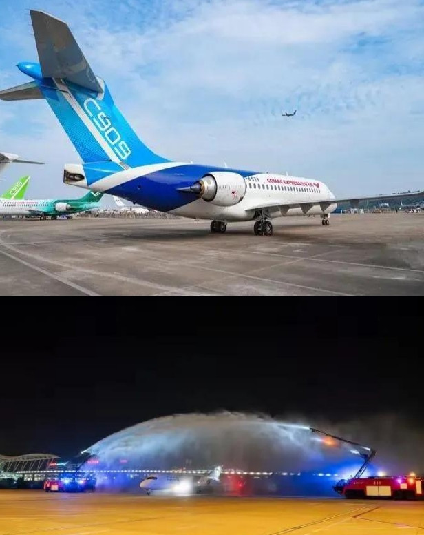 C909首条国际航线顺利首飞迎水门大礼据《中国青年报》5月8日消息，7日22点