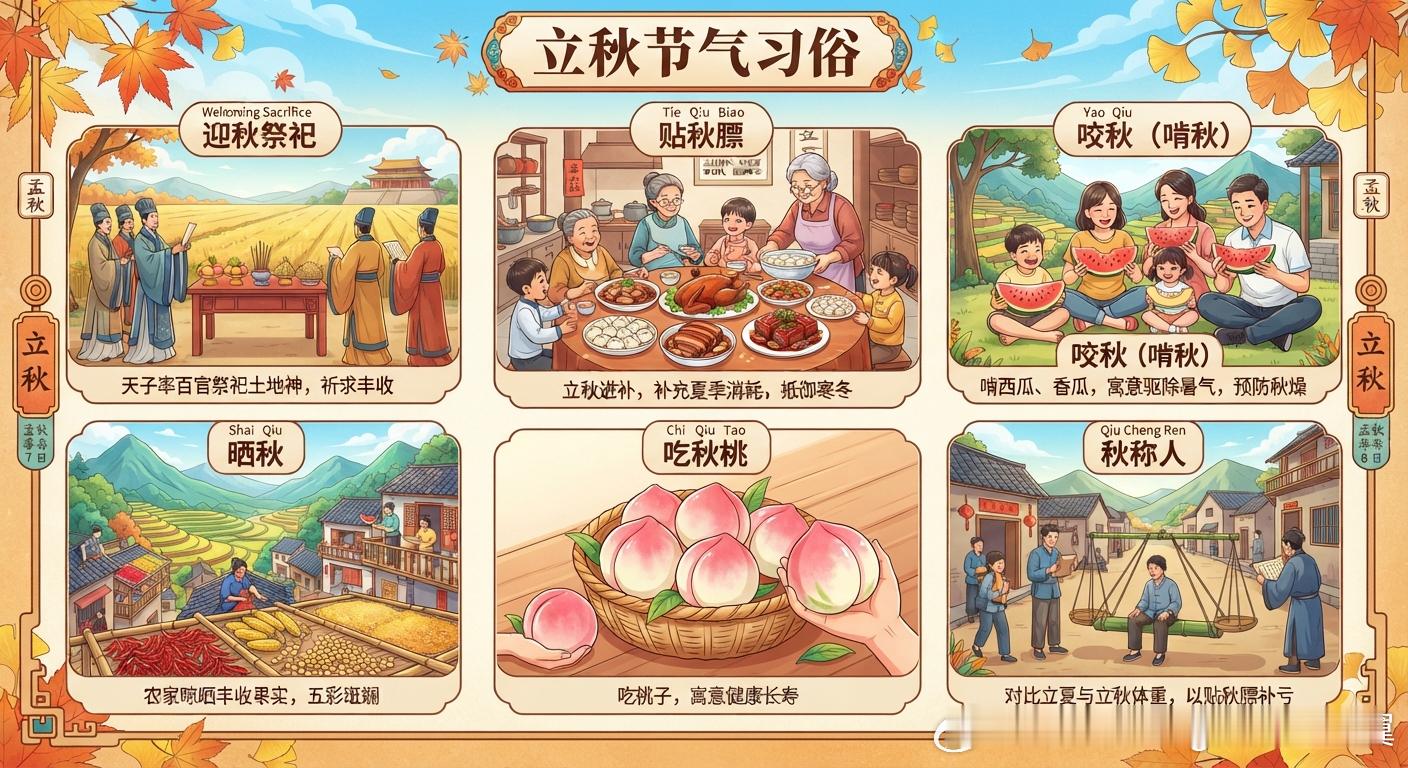 立秋节气有啥习俗立秋是秋季的第一个节气，民间有贴秋膘、咬秋（啃秋）、晒秋、秋称