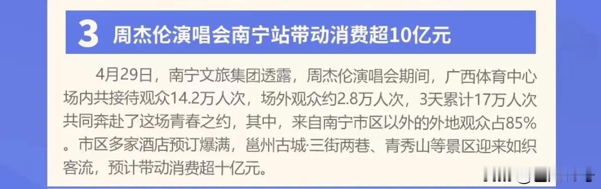 周杰伦在南宁开的3天演唱会，带动了本地超10亿的消费额！可以说以一人之力助力南宁