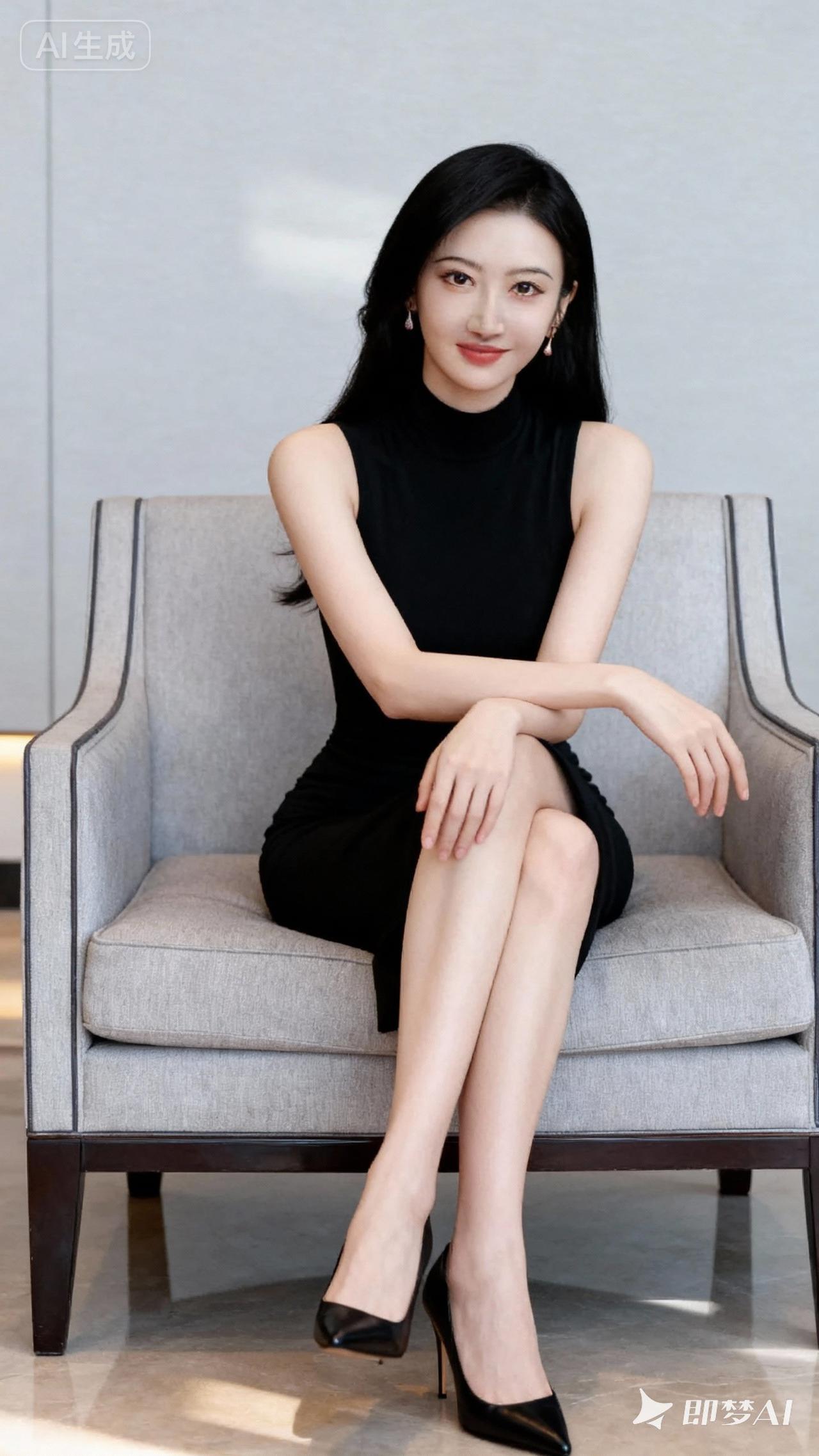 优雅黑裙，气质坐椅，自信满满！