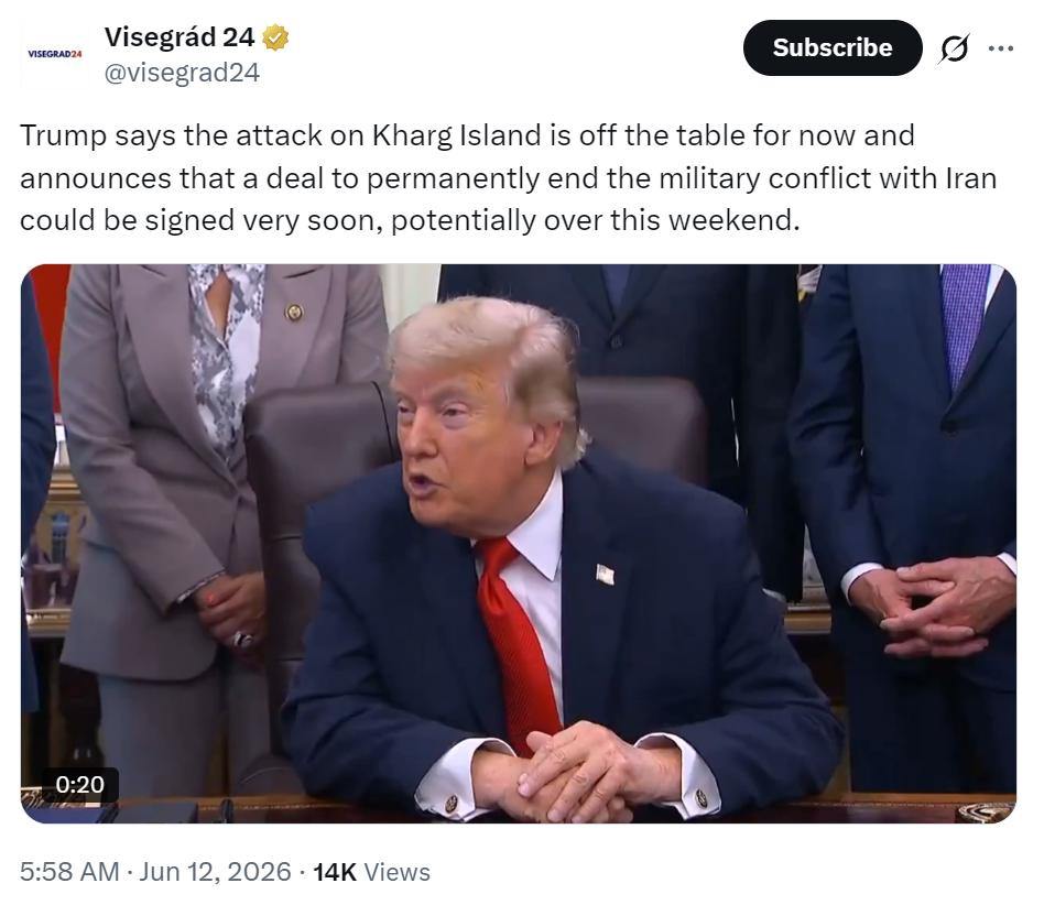 特朗普今天（北京时间6月12日）表示，目前暂时不考虑对哈尔格岛的袭击，并宣布可能
