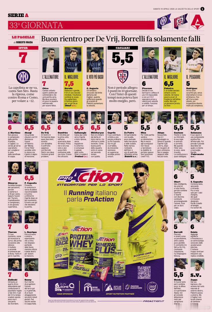 米兰体育报赛后评分如下国际米兰3比0卡利亚里国际米兰3连胜热点现场最佳巴雷拉