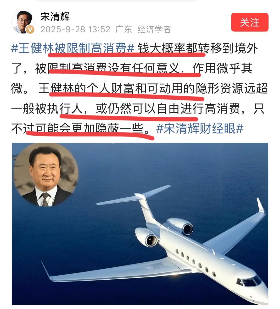 著名经济学家宋清辉老师再发惊人言论！！媒体爆出前首富王总被限制高消费！！因为