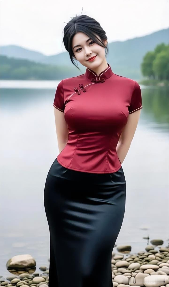 红衣女子湖畔独立，远山近水相映，温婉如画，尽显东方雅韵与静谧之美。