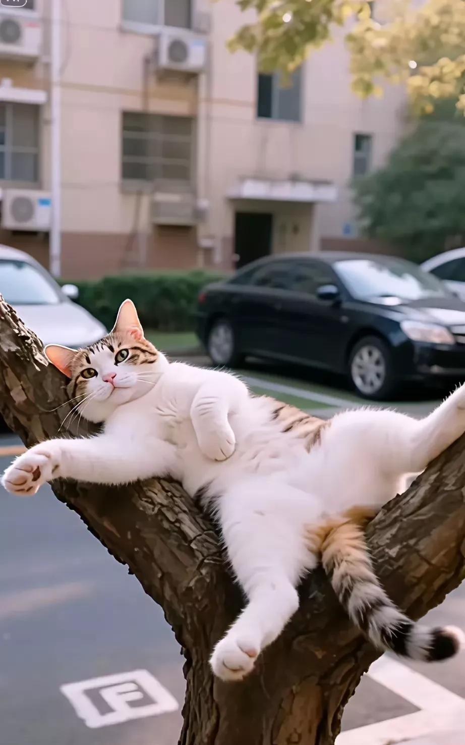 我家的猫咪跑出去一天都没有进家，出去四处找，最后在小区停车场边的一棵大树上找到它