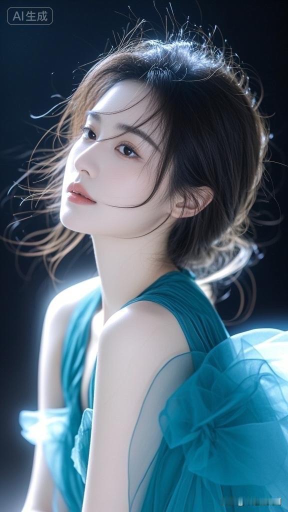 梦幻蓝裙少女，风中飘逸，如梦如幻。