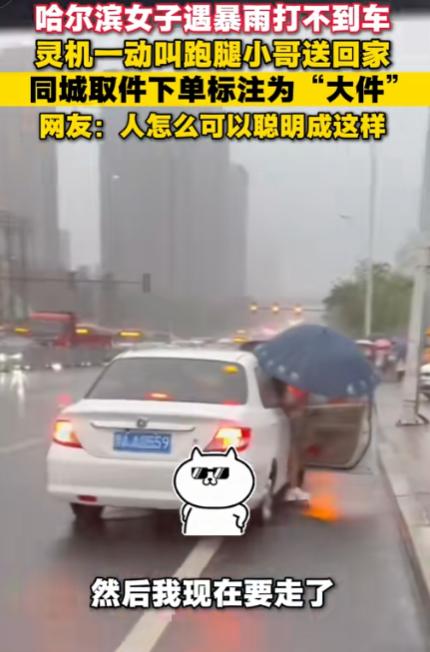 “脑子太好用了！”8月5日齐鲁晚报报道，哈尔滨一女子在暴雨中打不到车，灵机一动，