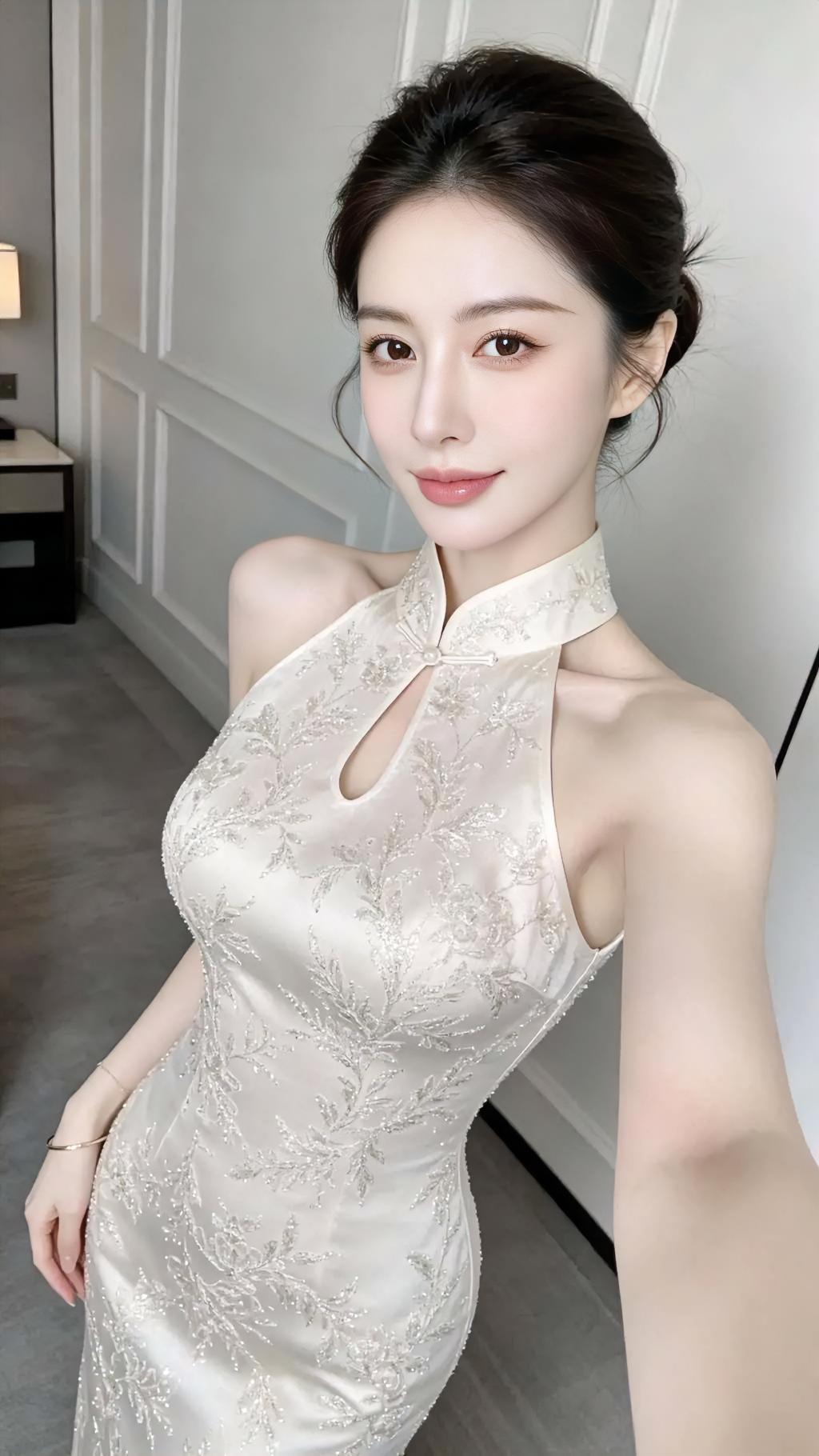 立领轻轻托着光，珠绣在缎面上生长。盘扣含着温婉，肩线泻下晴朗。发