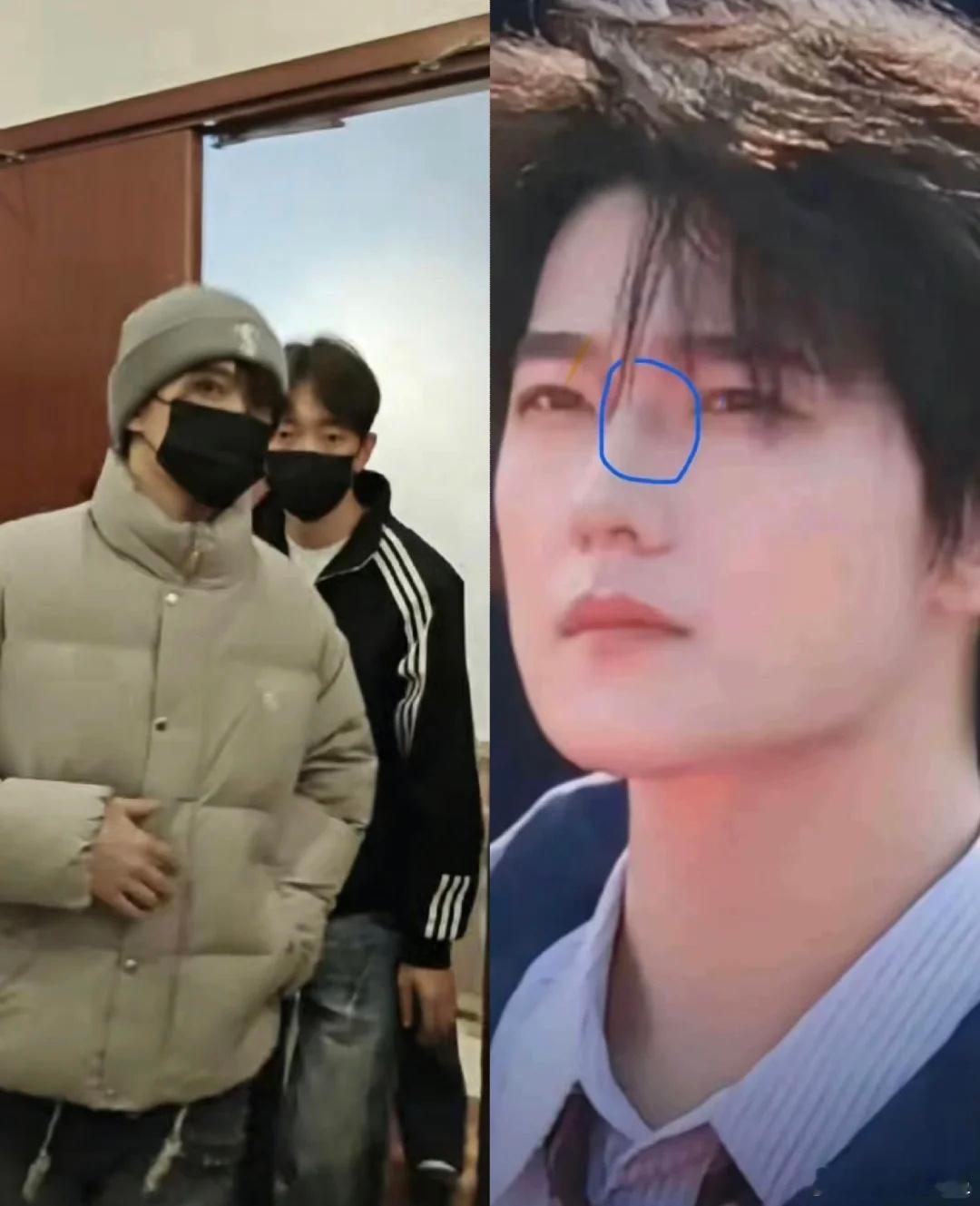 杨洋开机前天的偏分刘海是为了遮淤青杨洋在《不让江山》开机仪式前的偏分刘海造型，被