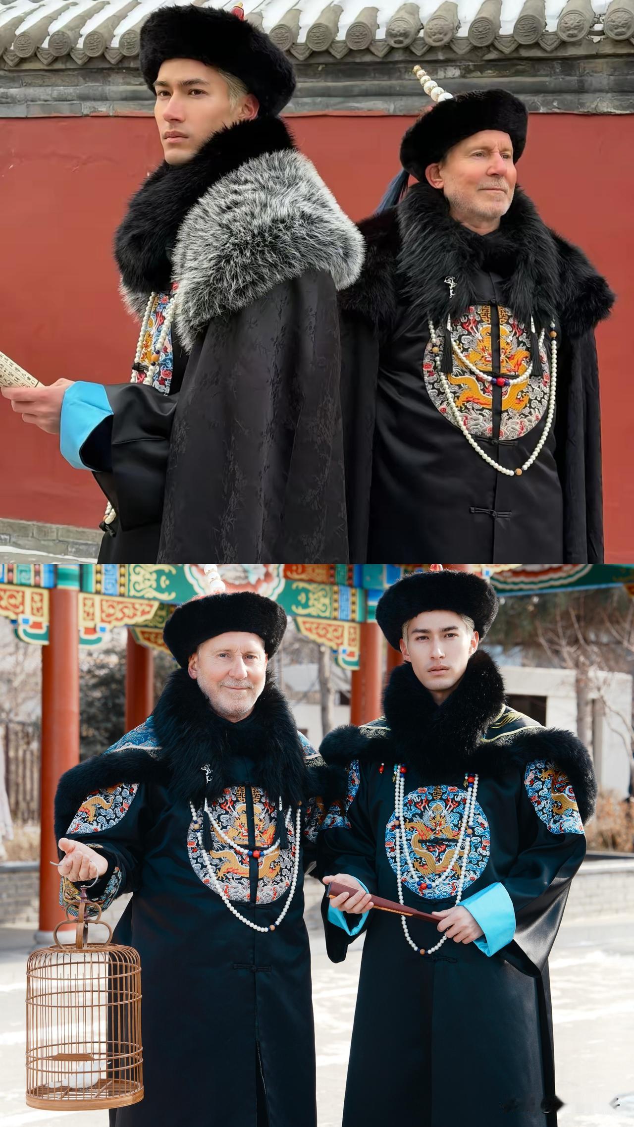 1月18日混血歌手米卡，发了一组和老爸在沈阳故宫，拍摄的清装写真！你