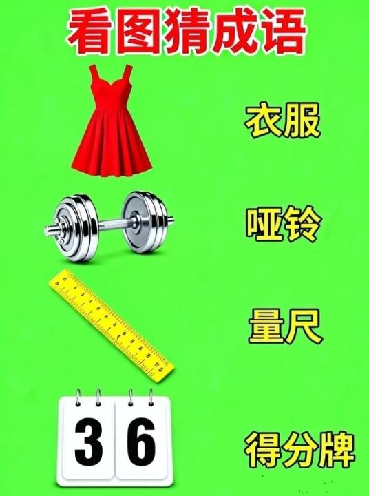 快来看图猜成语呀。穿红裙子的姑娘举哑铃，得了36分。你能猜出这是什么成语吗？