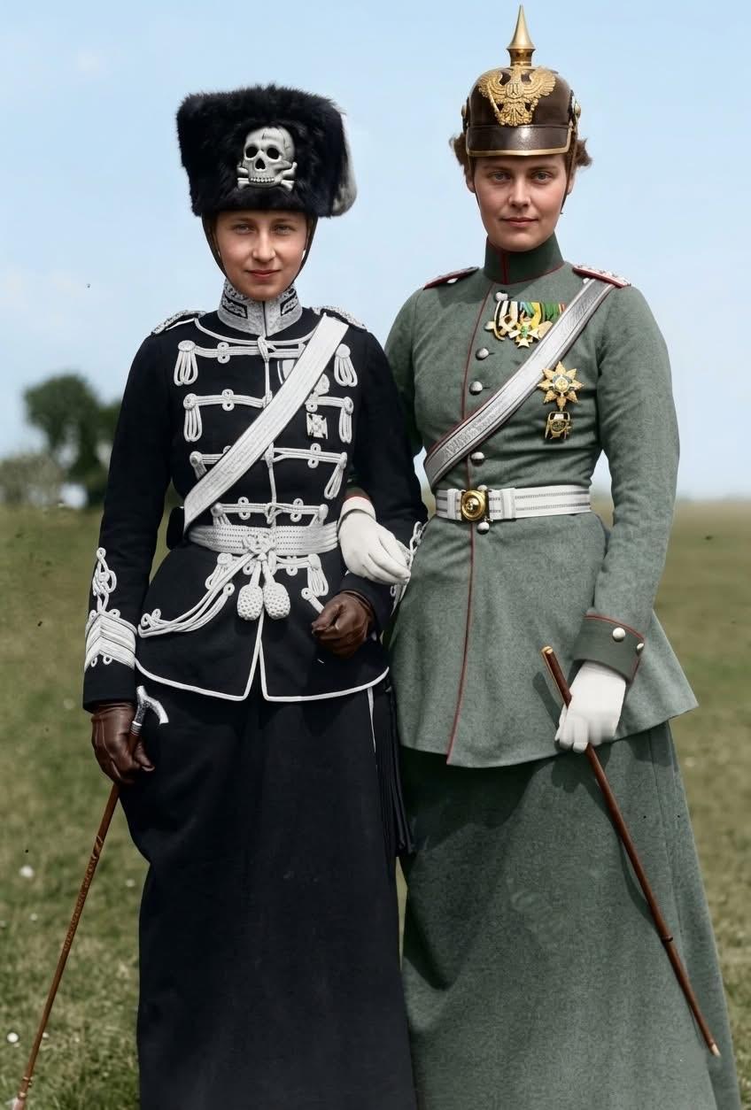 1910年，一战爆发前几年，普鲁士维多利亚·路易丝公主（左侧）与其嫂子塞西莉公主