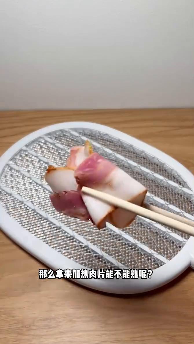 主播突发奇想，拿来电蚊子的电蚊拍威力这么大，拿来加热肉片能不能熟？所以主播整了几