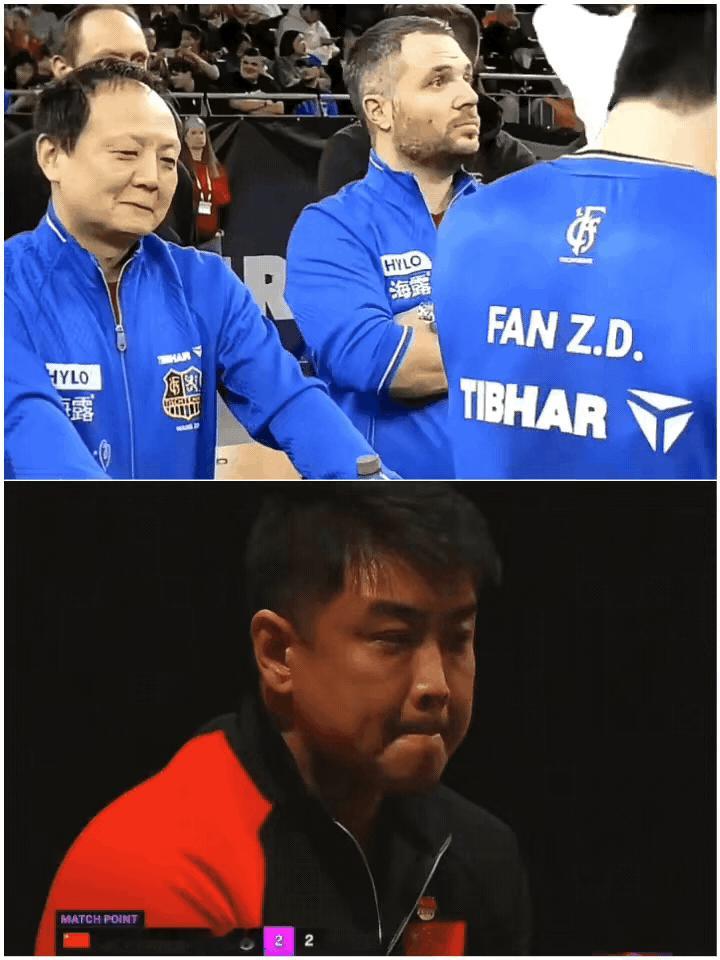 王皓终于意识到：拥有樊振东，是多么幸福的一件事！此时，皱着眉头的王皓：上下