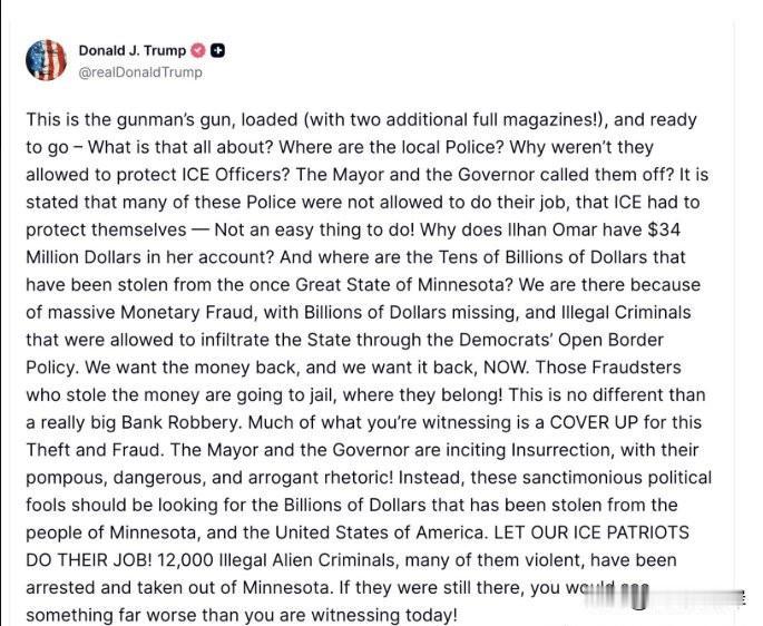 川普发文回应明尼苏达州男护士被枪杀事件。“这是枪手的枪，已上膛（还配有两个额外
