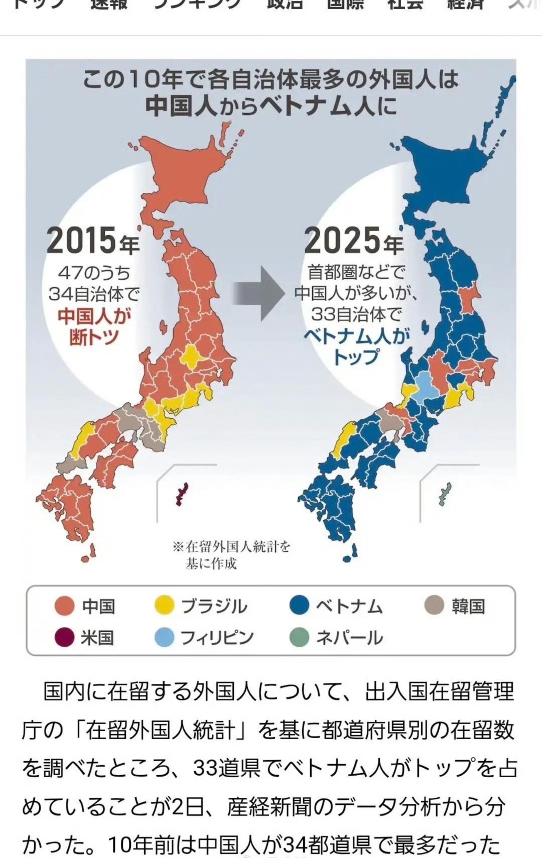 日本47个都道府县多数外国人来源国变化。这图说明中国人如今真不愿意去日本了，绝大