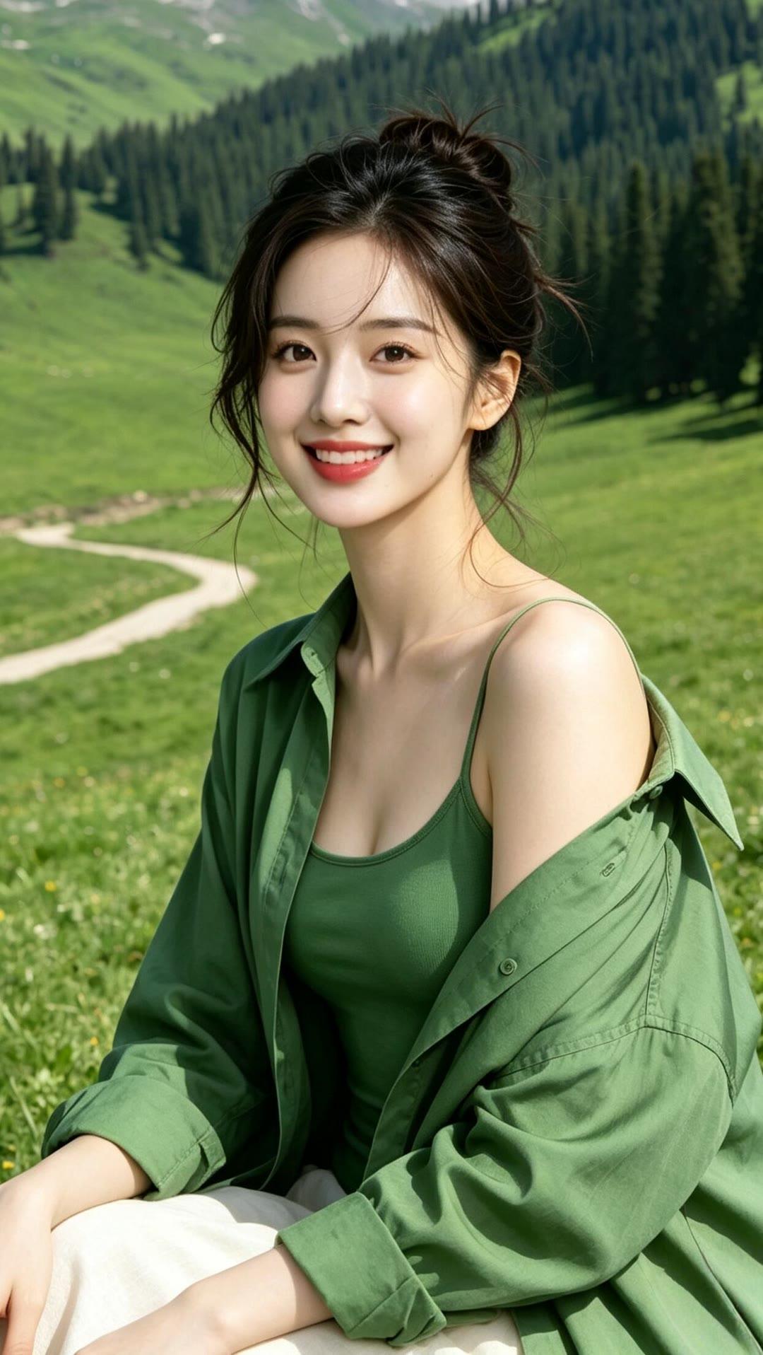 阳光明媚的夏日，绿意盎然的山间，笑容灿烂的她，宛如一幅美丽的画卷。🌞🌿😊