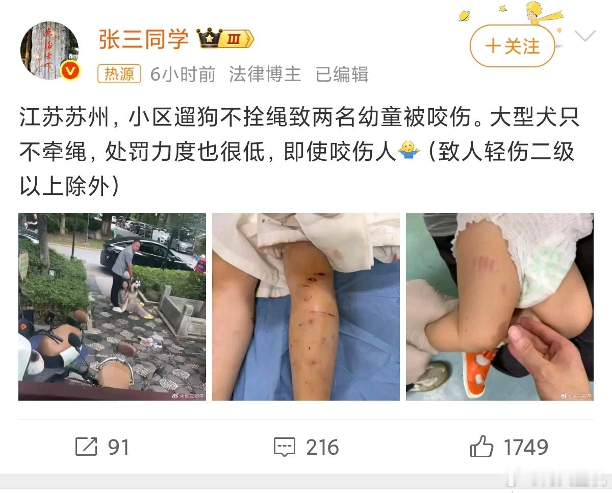 苏州遛狗不拴绳咬伤两名幼童大型犬冲起来，一些女生的力气可能都拽不住绳子，现在个别