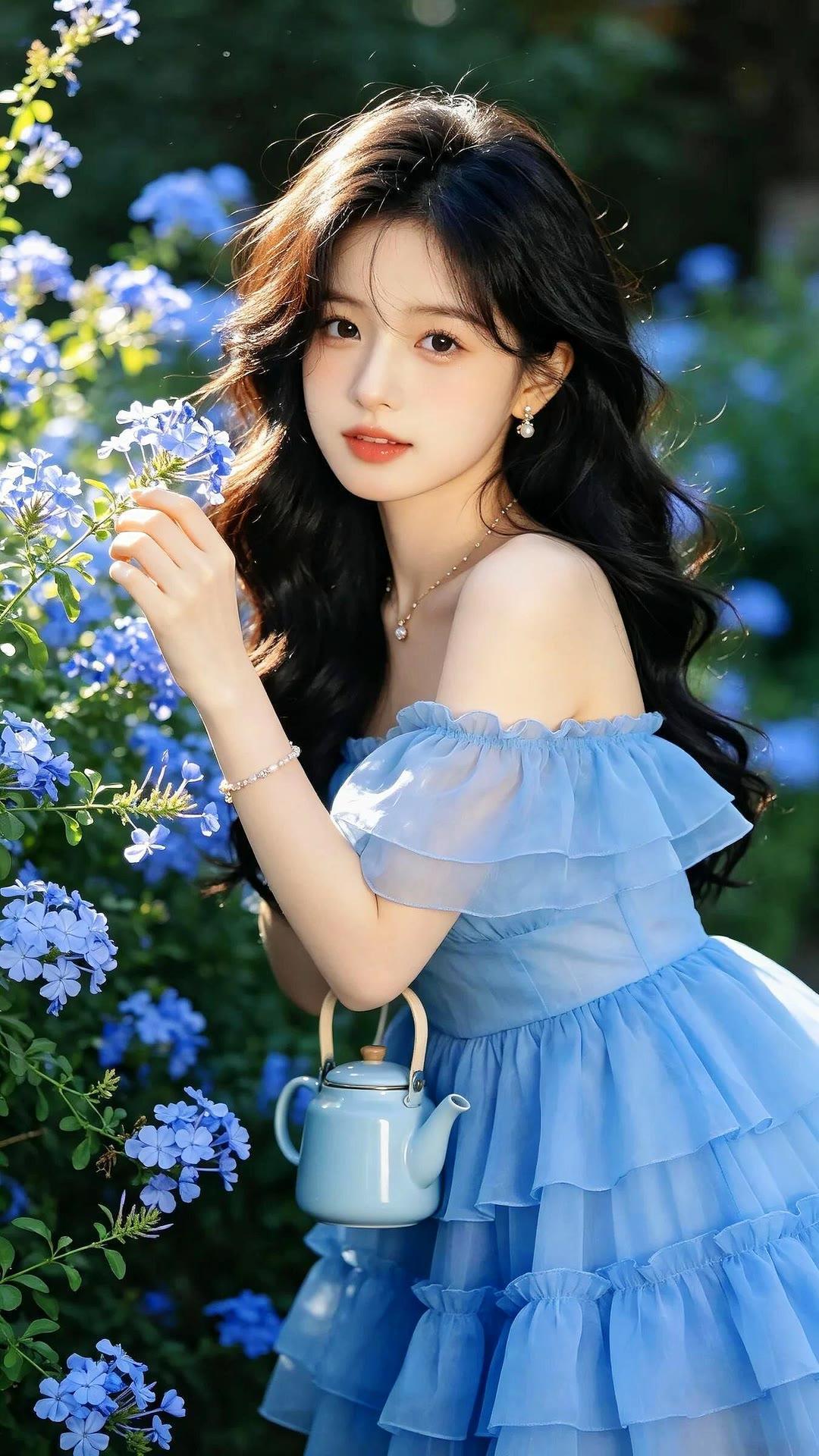 梦幻蓝裙少女，花海中的甜美瞬间