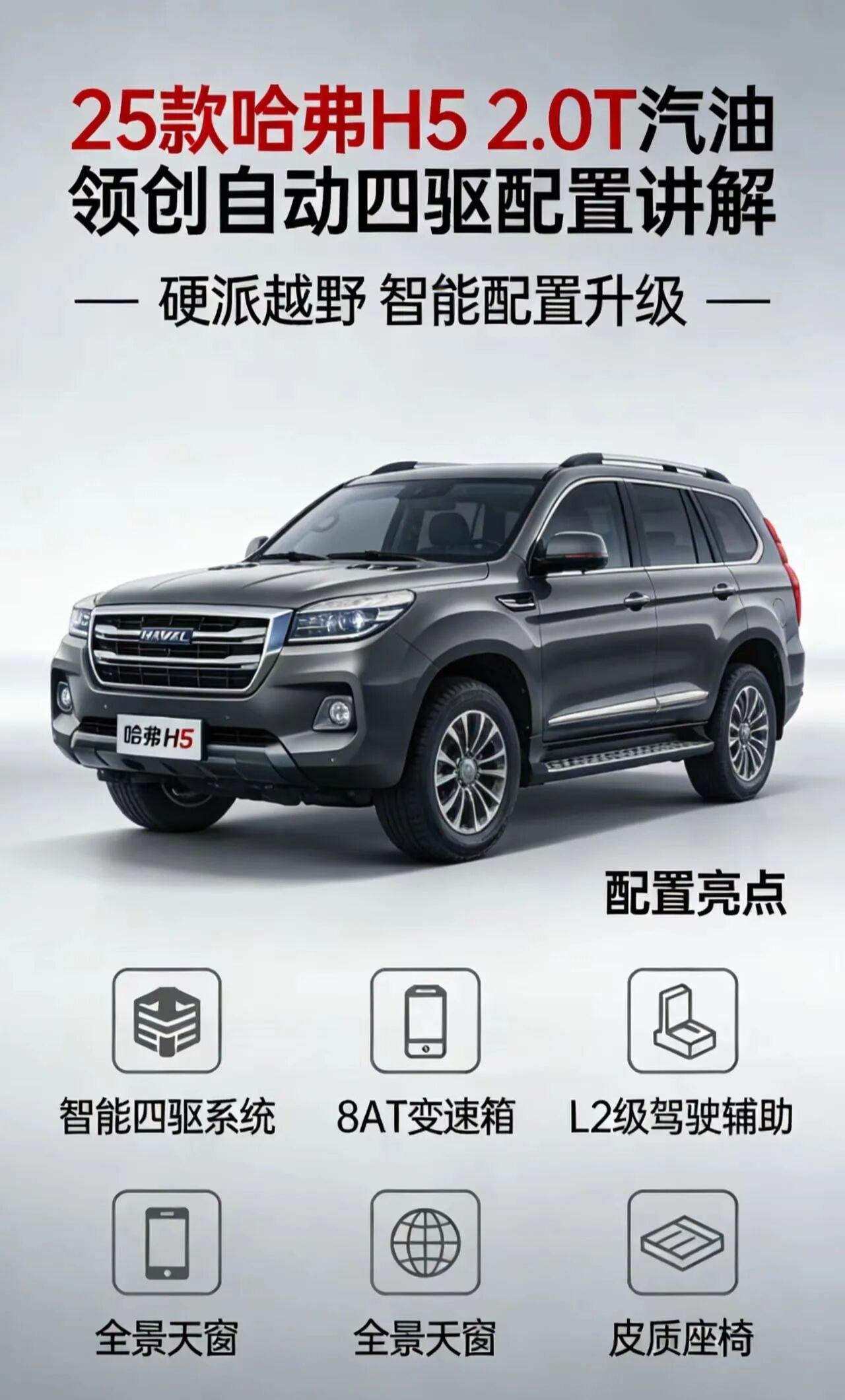 25款哈弗H52.0T汽油领创自动四驱，是哈弗品牌打造的高性价比硬派大型SUV