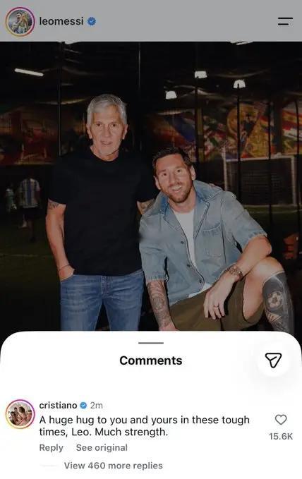 梅西在个人Instagram发文悼念去世的父亲后，C罗也来到评论区，为梅西及其家