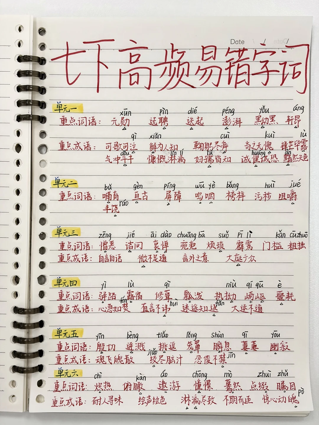 七下语文期末，高频易错词语默写（重点）