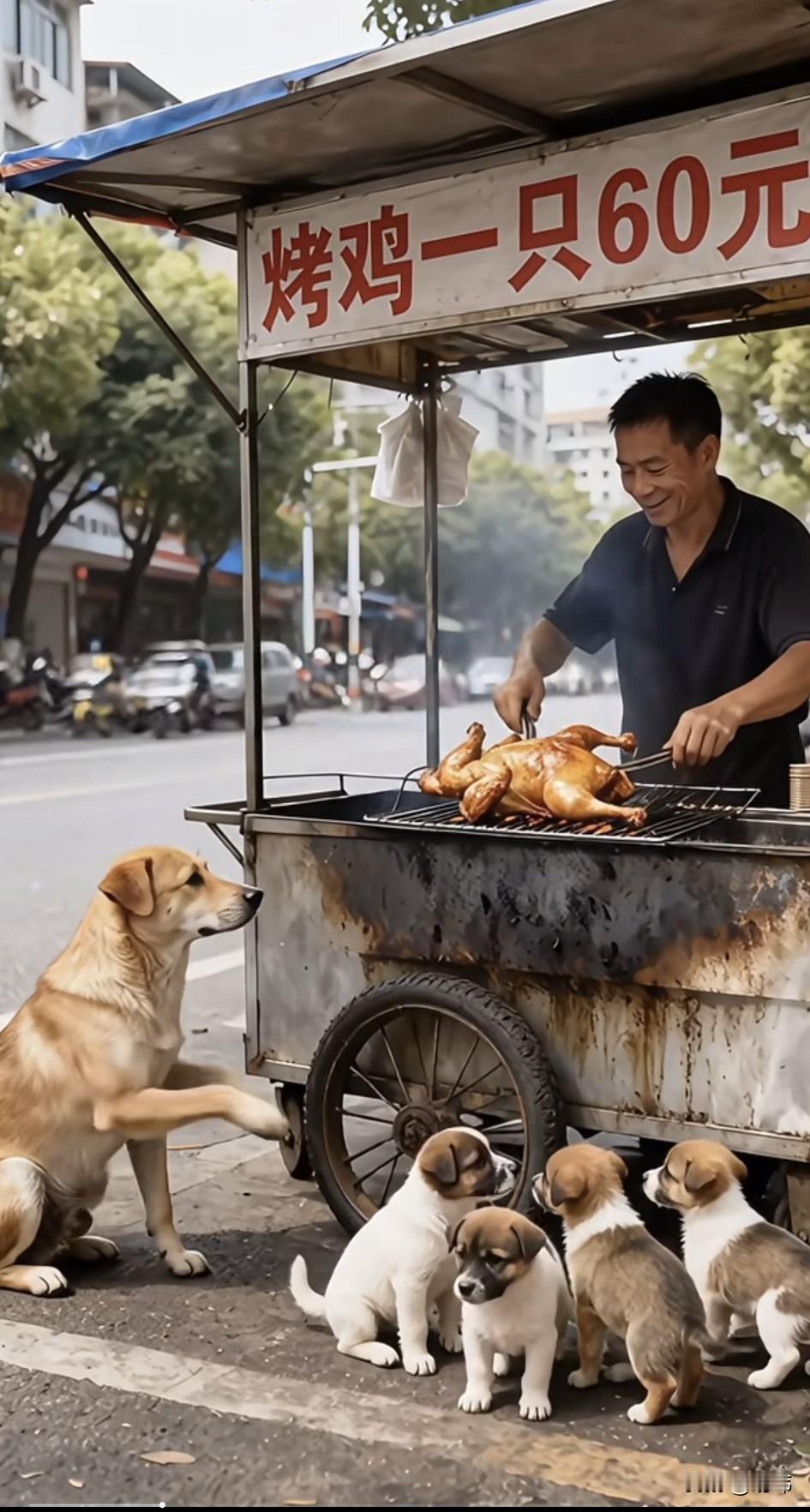 太感人了！这天一只可怜的狗妈妈带着几只小奶狗来到一家烤鸡摊前面，狗妈妈和孩子们已