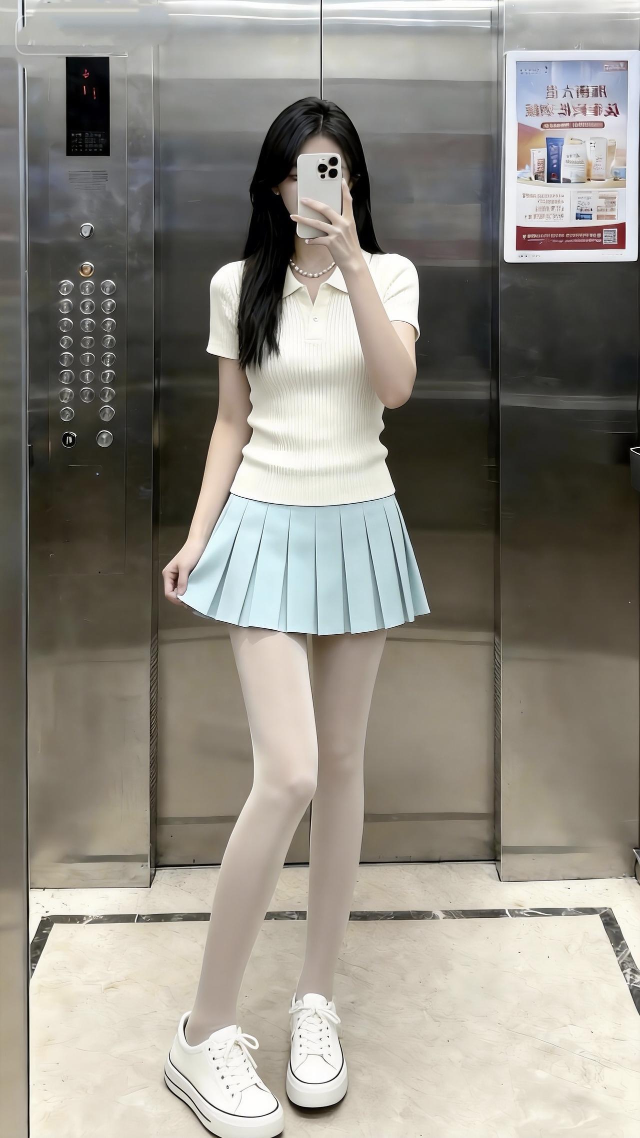 在电梯间里，米白polo搭浅蓝百褶裙，这种初恋感满满的穿搭你们爱了吗？温柔穿搭