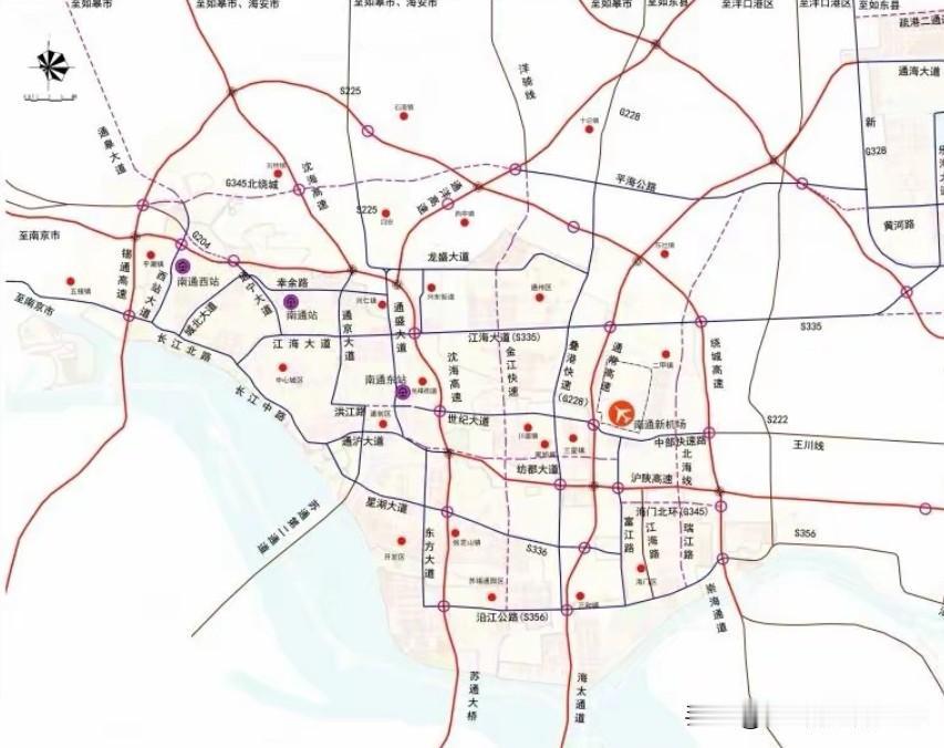 南通主城区的快速路，东环“通盛”，西环“长江”，北环“江海”，南环“通沪”，北射