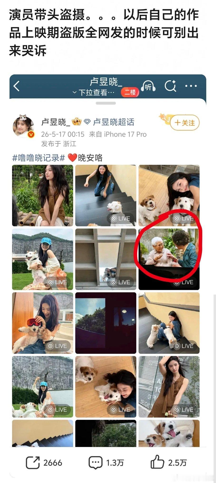 卢昱晓营业晒图，live图包含《给阿嬷的情书》影院盗摄画面，直接剧透影片内容。此