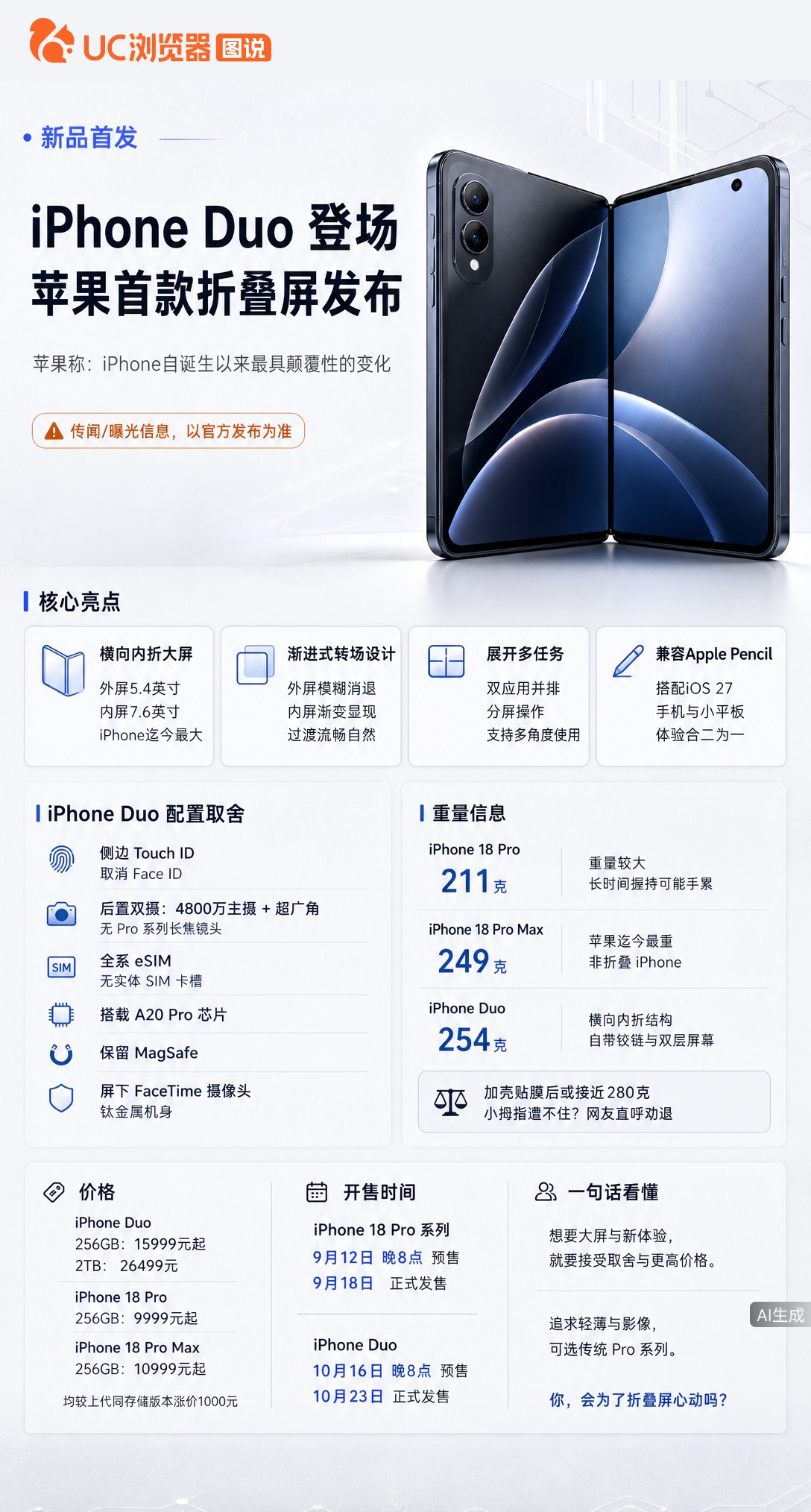 苹果首款折叠屏iPhoneDuo亮相，交互流畅让人心动，但254克重、1.6万起还砍了长焦和实体卡槽