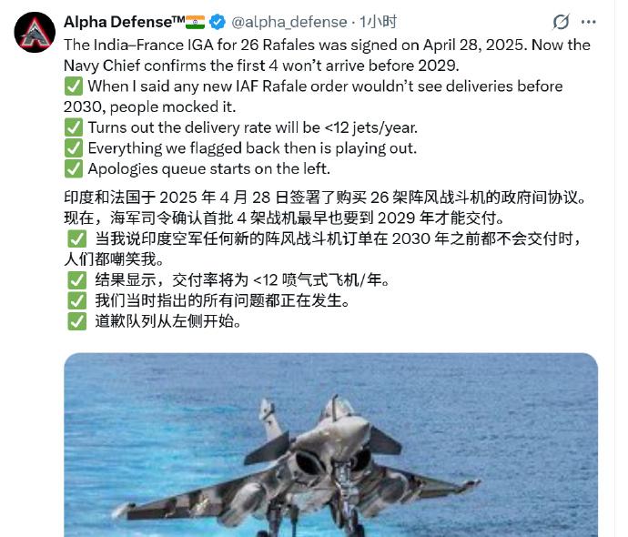 印度购买的26架“阵风”舰载机，首批4架最早也要到2029年才能交付。26架“