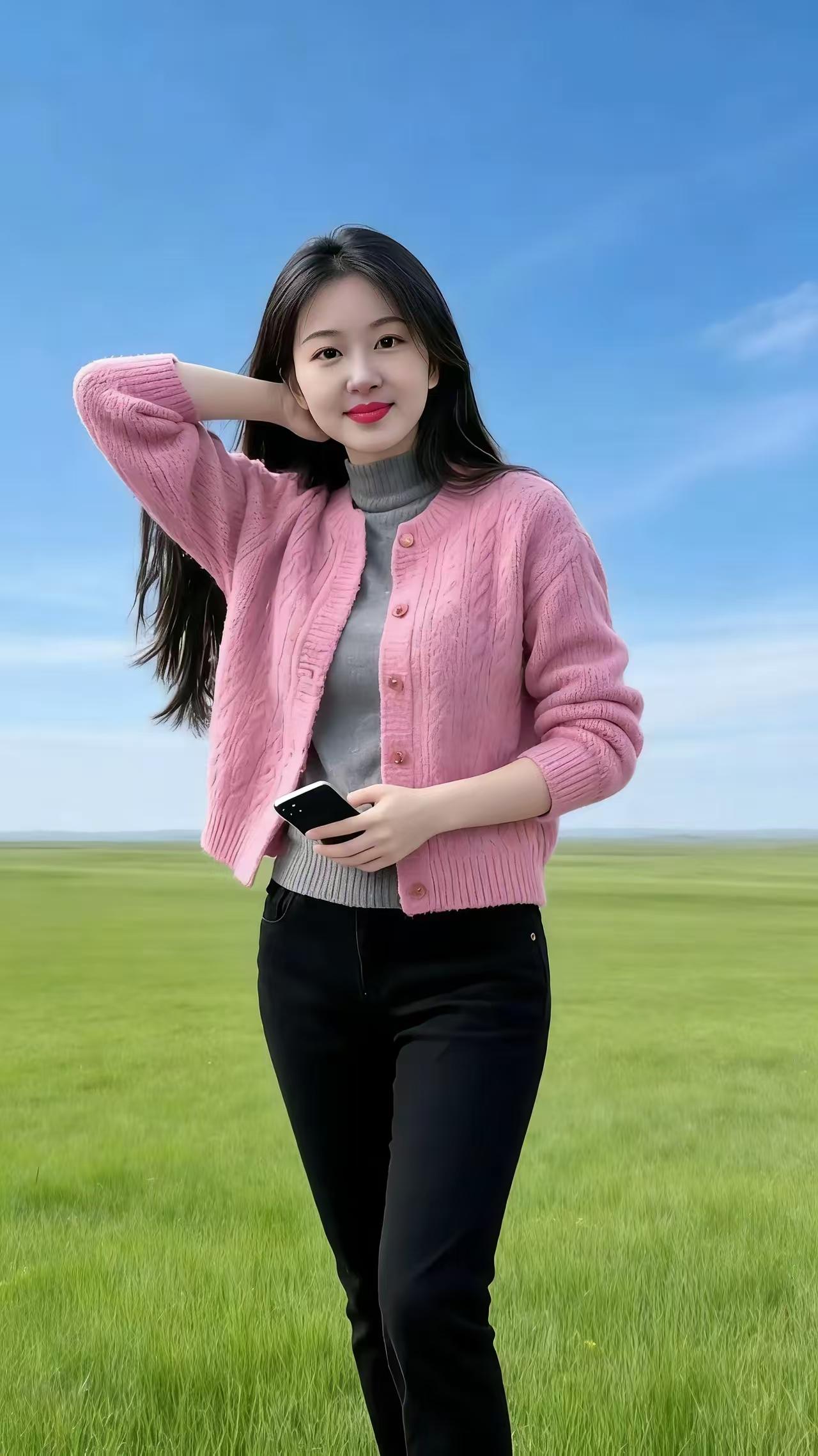 四块玉·草原丽影草色茵，云光润，粉衫佳人映芳春。嫣然浅笑花含韵。气质纯，