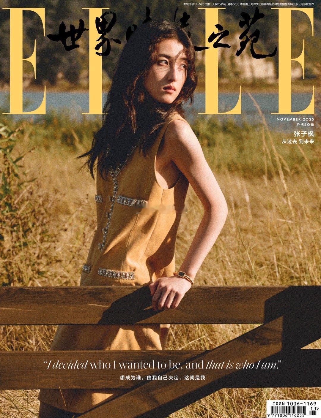 张子枫ELLE11月刊封面🦋枯叶草地、湖畔光影、暖阳树林构成主背景，大地色系服