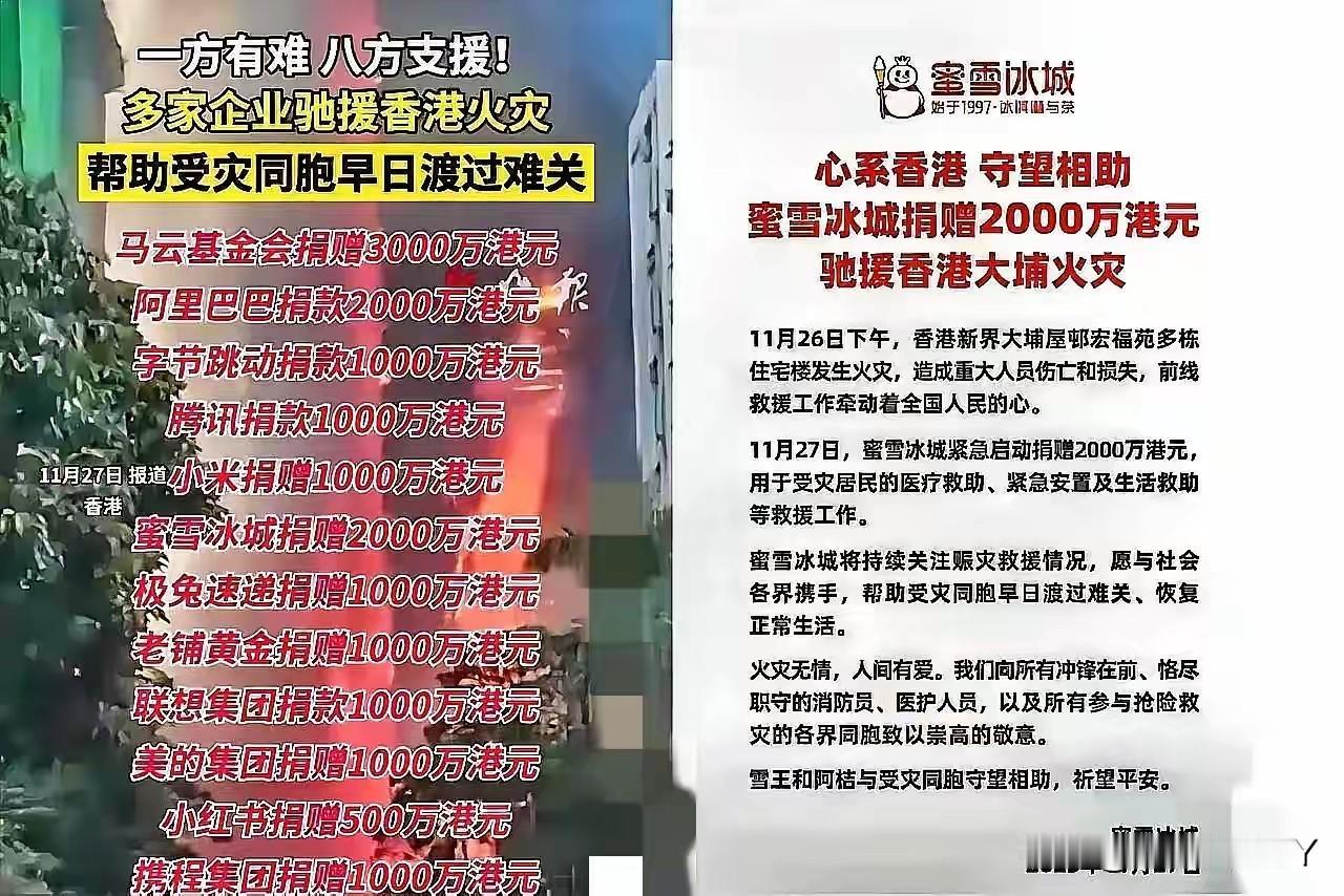 这次的香港火灾，马云捐款3000万我不奇怪，霍震霆捐款不稀奇，可蜜雪冰城真把