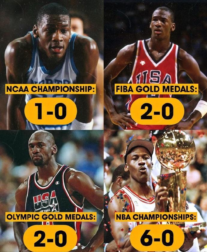 乔丹生涯打过的决赛：NCAA总决赛：1胜0负奥运会决赛：2胜0负FIBA锦