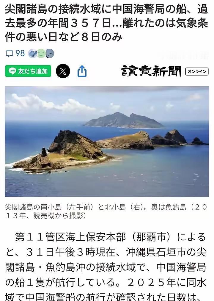 据日媒报道，2025年全年，经确认，中国海警在钓鱼岛海域的巡航天数达到了创纪录的
