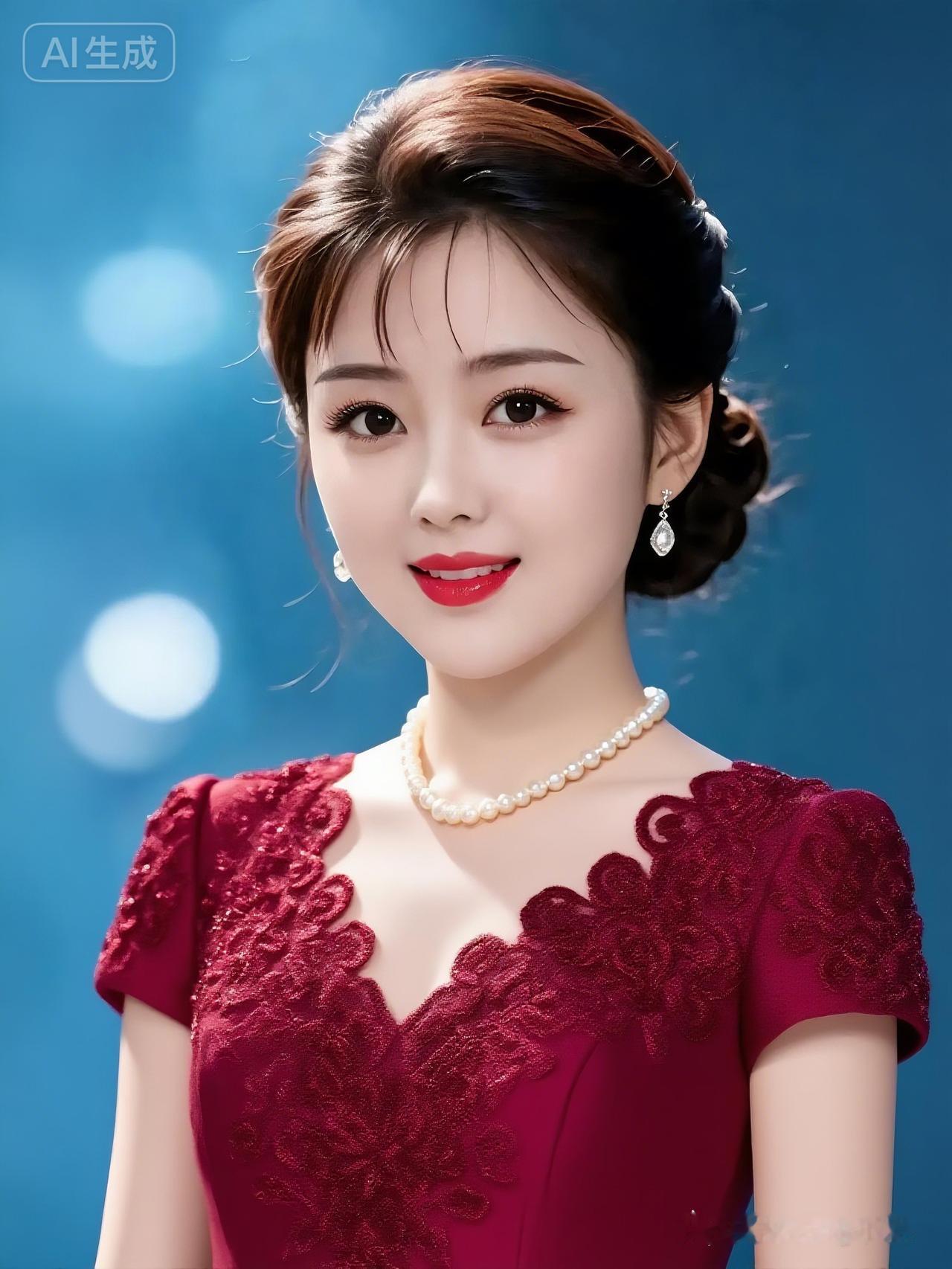 美丽的姑娘身着宝石红色绣花职业裙装，以女主持人的形象亮相。她将头发挽起，烫着卷发