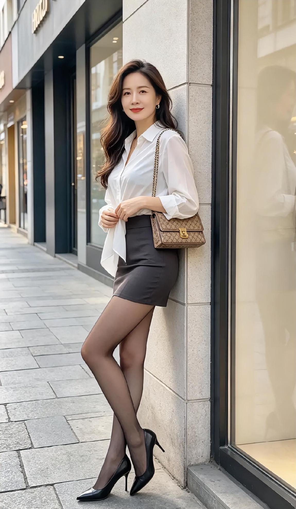 街角阳光正好，白衬衫轻挽袖口，短裙利落，步履从容。链条包挨着肩，