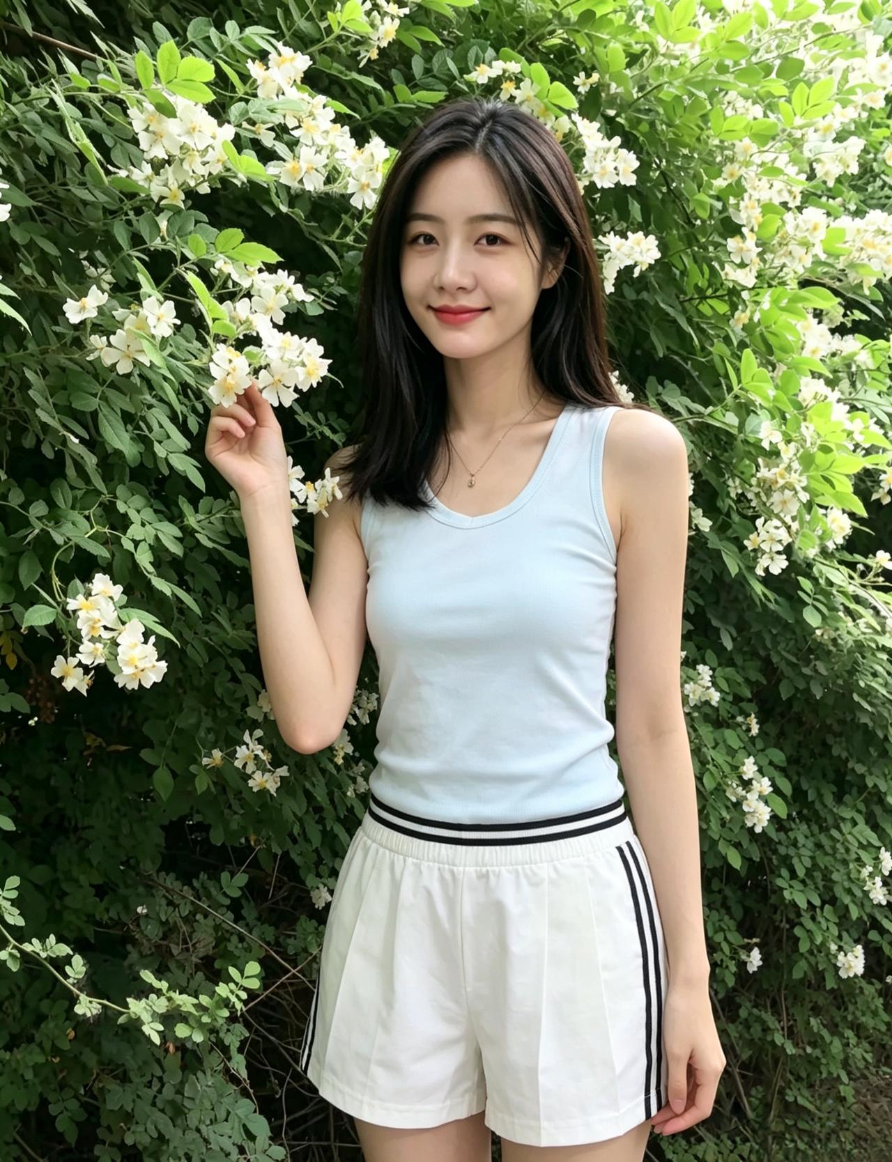 满墙花雪绕柔身，眉目含春不染尘。抬手轻拈香一缕，人间清色最动人。