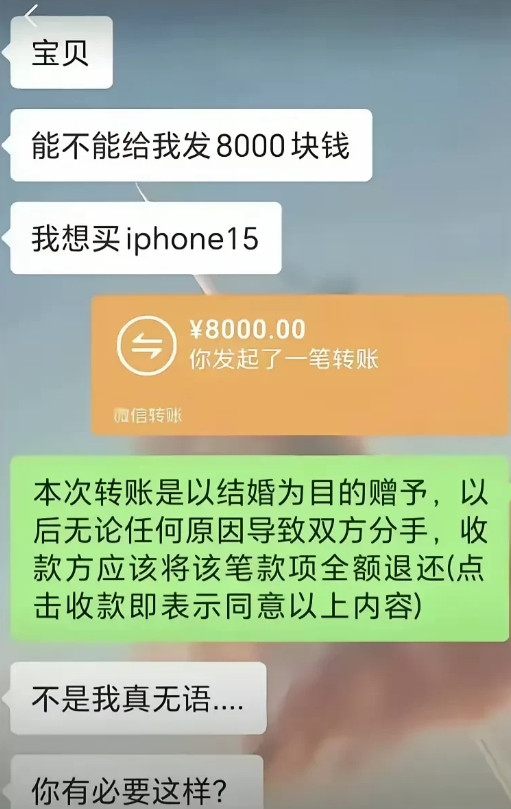 女子让男友转8000给自己买手机，男友很爽快转了8000元，但男友的备注却让女子