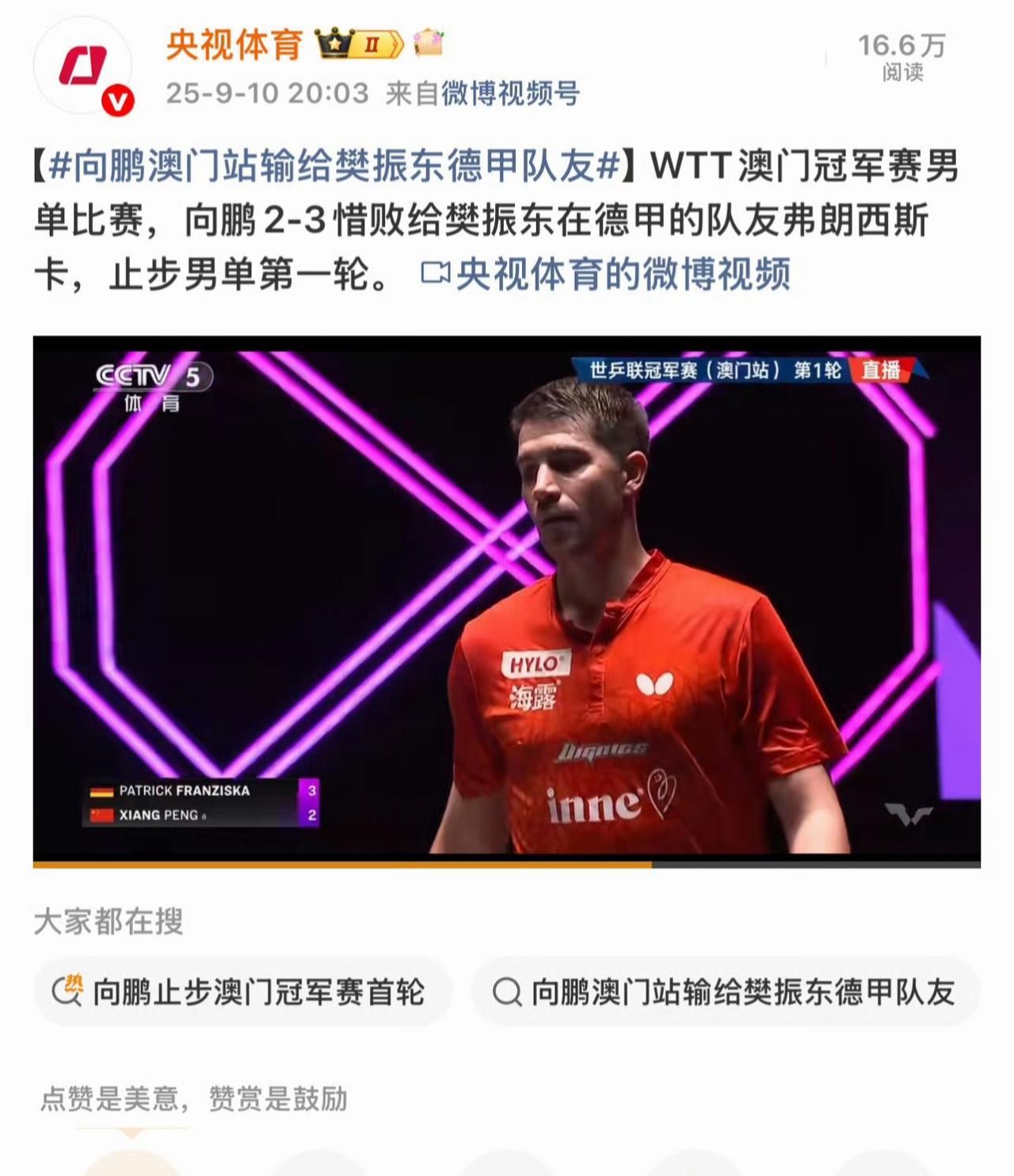 央视体育也是醉了，向鹏在澳门冠军赛第一轮输给弗朗西斯卡，报道时竟然写着向鹏输给樊