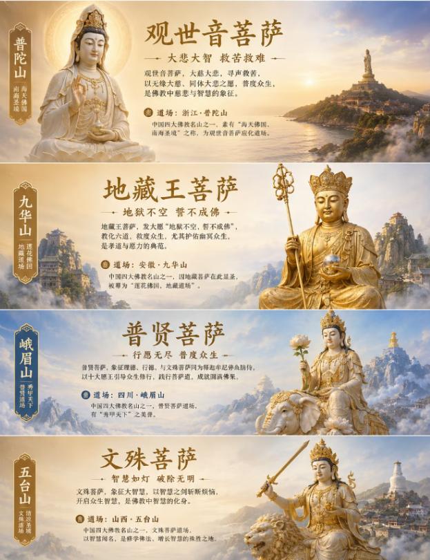 四大菩萨的道场在哪?观世音菩萨·主慈悲--浙江普陀山地藏王菩萨·主大愿一-安