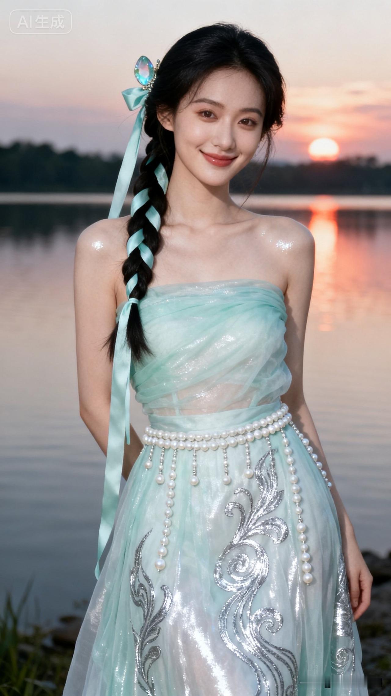 梦幻湖畔少女，碧波荡漾，笑靥如花。